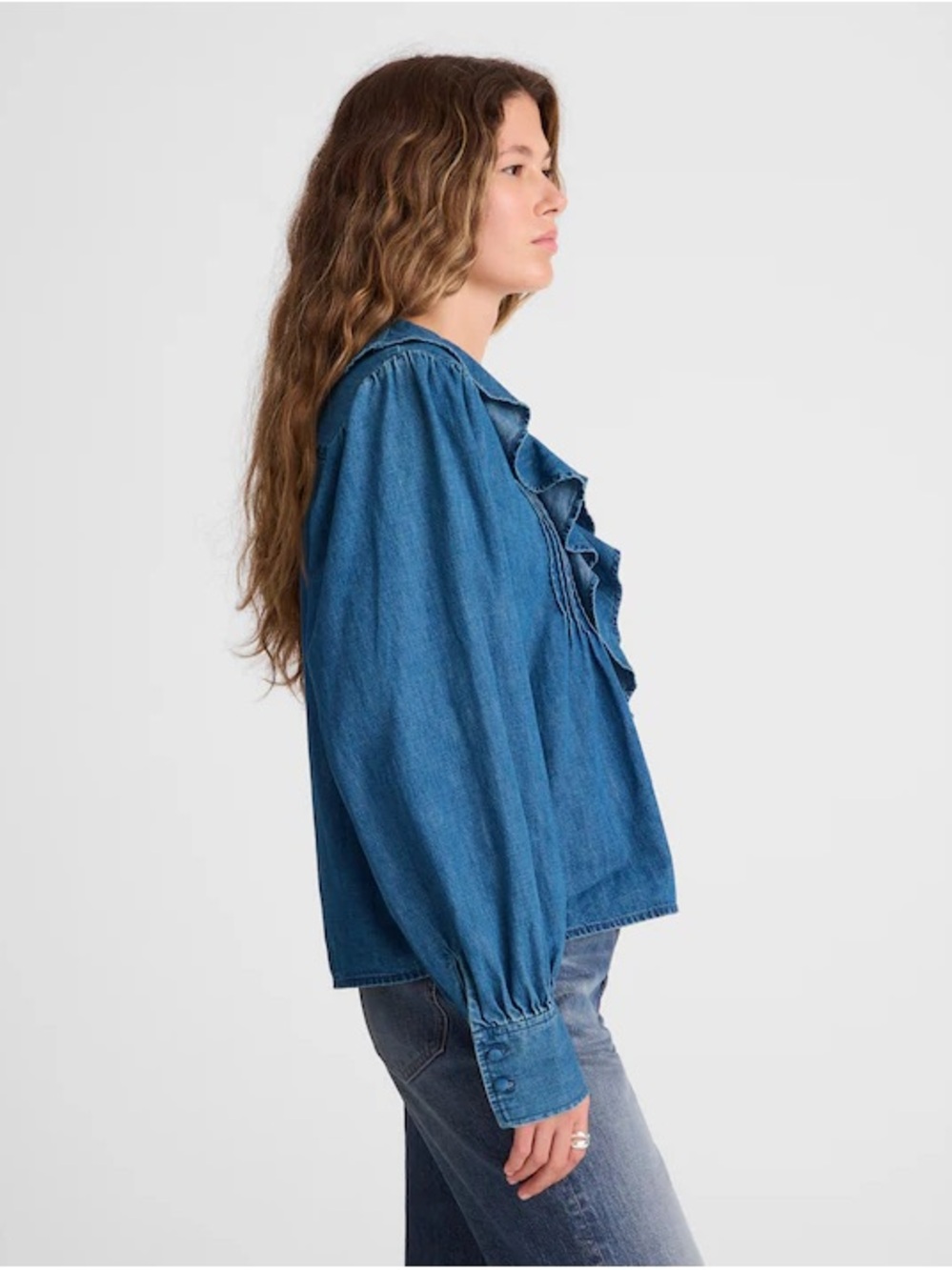 NWOT Madewell Denim Ruffled Pintuck Top - Picture 3 of 15